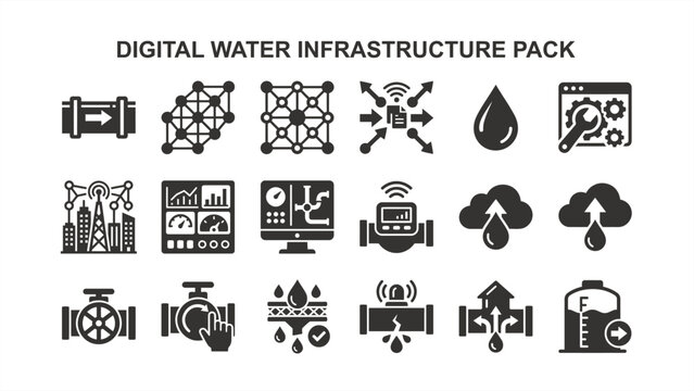 Digital water infrastructure vector icon set. Smart utility management and IoT water monitoring icons.