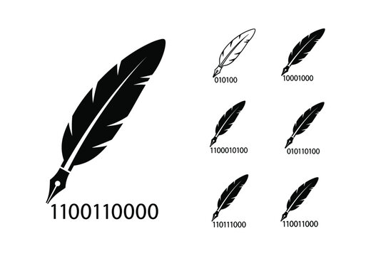 Quill pen icons with digital binary code streams for creative writing technology