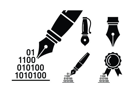Fountain pen writing binary code and certificate seal icons as digital signature and authenticity concept in flat black vector graphic style