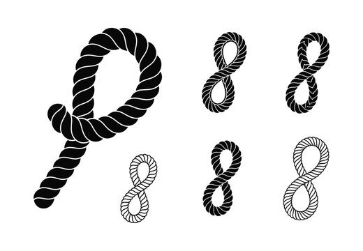Set of nautical rope knot icons showing various rope textures and styles for maritime design projects