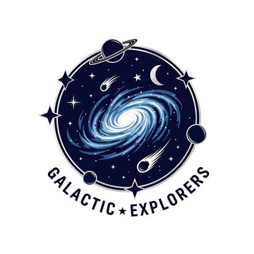 Whimsical Galactic Explorers Logo - Swirling Nebula, Planets, and Comets in Cosmic Circle.