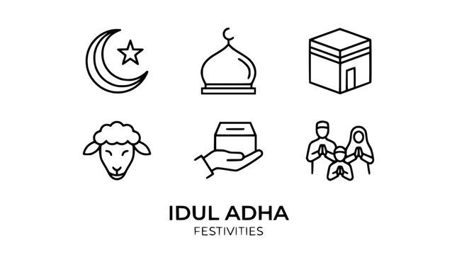 Idul Adha Icons: Moon, Dome, Kaaba, Sheep, Charity, Family - Islamic Holiday Symbols