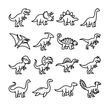 Collection of Black and White Line Art Prehistoric Dinosaur Icons Featuring T-Rex, Triceratops, Stegosaurus, Pterodactyl, and Other Extinct Reptiles