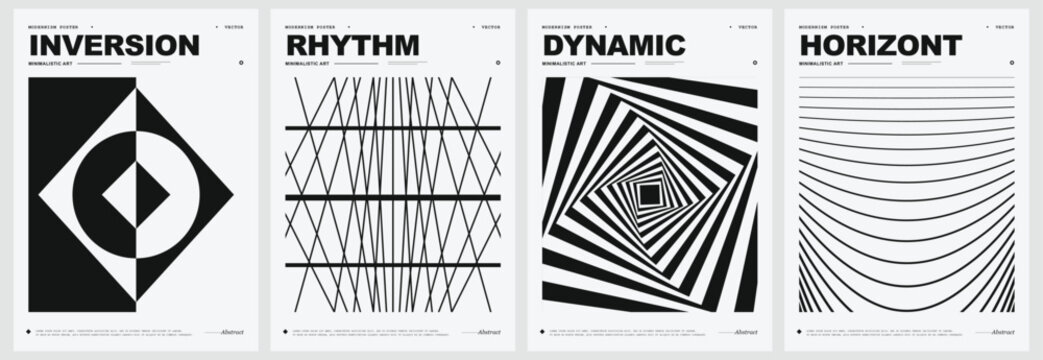 Set of four minimalist abstract posters with geometric shapes and lines in black and white style