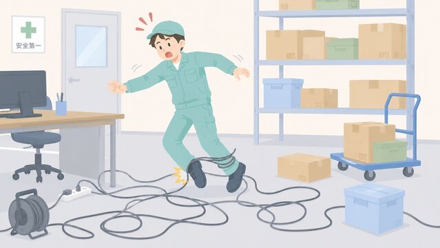 床に散乱した電気コードにつまずき転倒しそうになる男性作業員の職場事故のイラスト