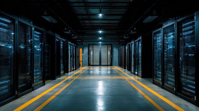 Dimly lit server room corridor with rows of racks