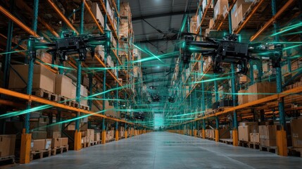 Fototapeta premium Autonomous drones navigate a modern, automated warehouse for logistics