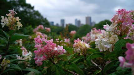 Obraz premium Delicate pink and white flowers bloom with city skyline background