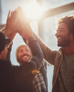 Joyful group of individuals engaging in a celebratory high-five indoors under