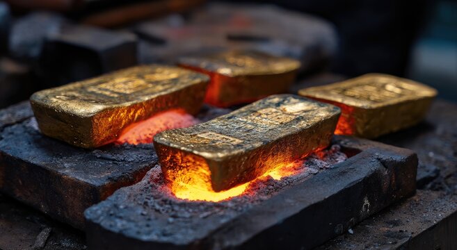 Molten gold bars glow intensely in a crucible, radiating heat