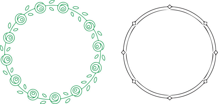 Elegant green floral rose wreath and minimalist black geometric circular frame perfect for invitations or logos