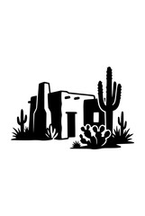 Obraz premium Southwestern Desert Adobe House and Saguaro Cactus Silhouette Illustration