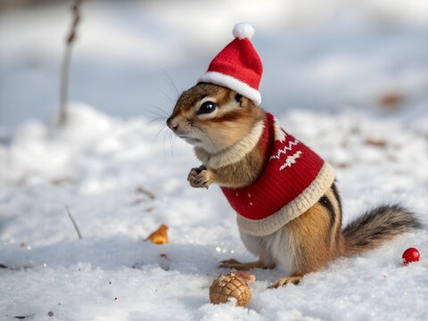 Red knit chipmunk isolated with real transparent background for holiday decor