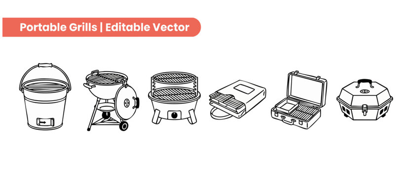 Portable grill vector icon set showing various compact barbecue equipment for outdoor cooking, camping picnic, and backyard summer party line art graphics isolated on white background black stroke des