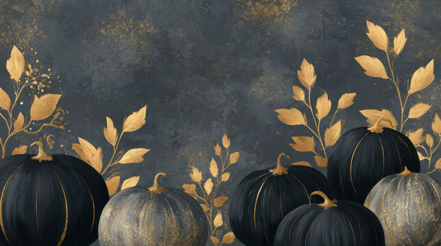 luxury halloween background with elegant pumpkins, gold details, dark matte textures