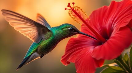 Obraz premium Vibrant Hummingbird Nectaring on Red Hibiscus Flower: Exotic Nature Beauty for Eco-Tourism & Botanical Gardens Marketing