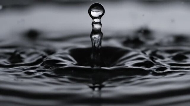 A single water droplet creates ripples in a dark body of water with a black background and a clear view of the droplet's splash.