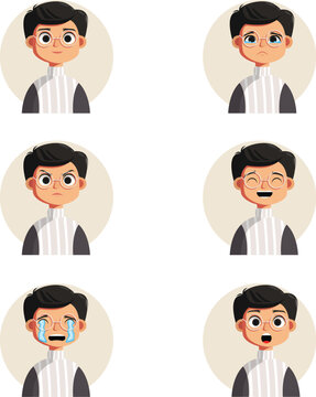 Boy character expression set with glasses and striped shirt showing different facial emotions vector illustration