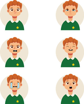Boy character expression set with ginger hair and green shirt showing different facial emotions vector illustration
