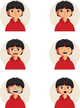 Boy character expression set with black hair and red hoodie showing different facial emotions vector illustration