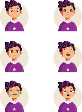 Boy character expression set with wavy purple hair and purple shirt showing different facial emotions vector illustration
