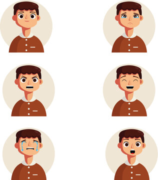 Boy character expression set with brown hair and brown shirt showing different facial emotions vector illustration
