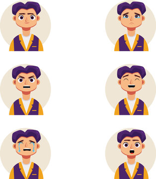Boy character expression set with purple hair and vest showing different facial emotions vector illustration