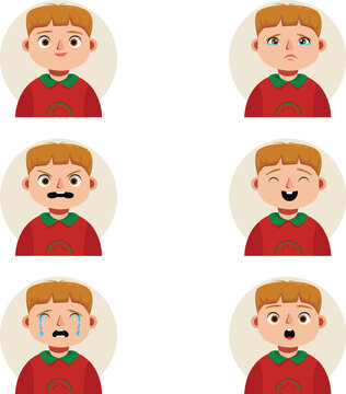 Boy character expression set with brown hair and red shirt showing different facial emotions vector illustration