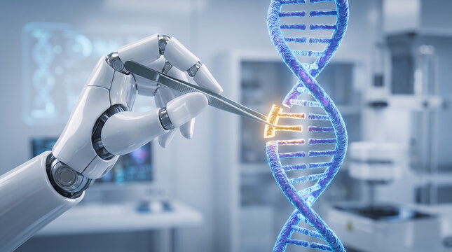 Robotic Hand Editing DNA Strand with Tweezers in High-Tech Laboratory, CRISPR Gene Editing Concept, Future biotechnology aided by Artificial Intelligence