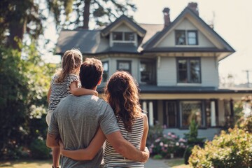 Fototapeta premium Family stands together admiring their new home in the sunshine