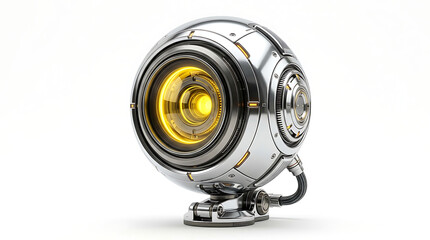 Naklejka premium Futuristic robotic surveillance camera eye device isolated on a clean white background