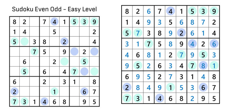 Even Odd Sudoku puzzle game with solution for brain training and logic  