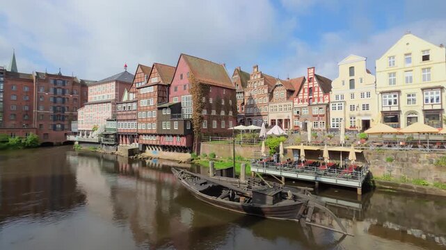 Luneburg, Germany - panoramic view of old buildings on the side of Ilmenau river on Am Stintmarkt street