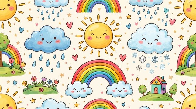 Suns, clouds, rainbows, rain, snow, trees, flowers, house create a cheerful pattern