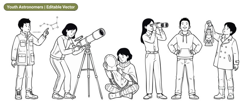 Youth astronomers kids telescope vector observing night sky stars set isolated line art illustration education science projects featuring children learning astronomy constellation lantern hobby device