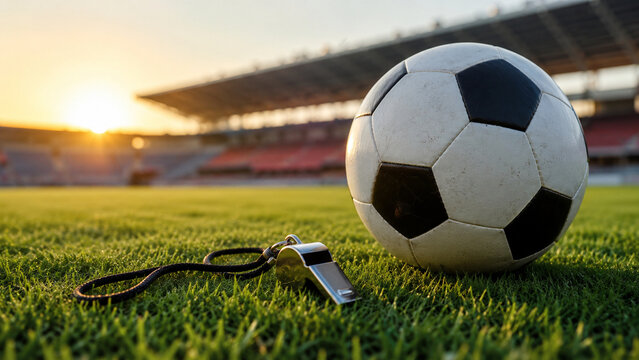 A classic soccer ball and a referee's whistle on the vibrant green grass of a stadium pitch, bathed in the warm golden light of a setting sun, symbolizing the beautiful game