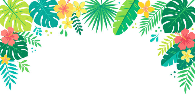 Vibrant tropical floral pattern with colorful leaves and flowers on white background