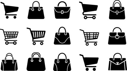 Shopping bag icon set. Shopping cart icon set online purchase shopping cart trolley. Outline bag icons, package symbols, ecommerce delivery symbol outline style vector design illustration. © AI Master