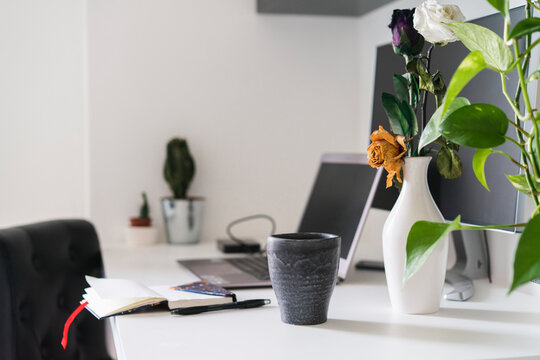 Nptebook, flower and laptop on desk at home
