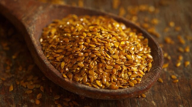 Close up detailed view of golden flax seeds showing rich texture and natural shine, healthy organic superfood grains scattered on a clean surface with warm soft lighting and shallow depth of field hig