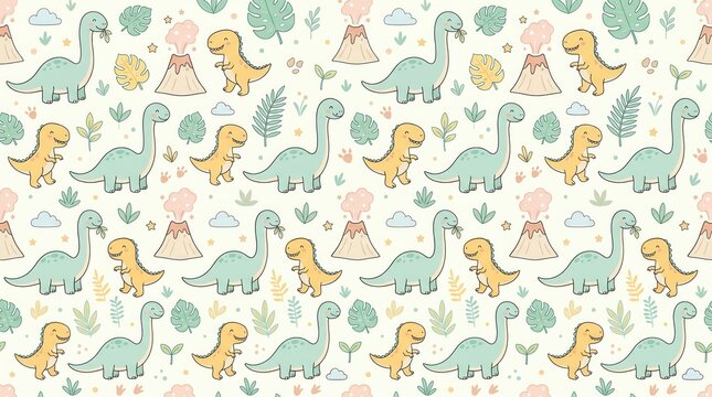 Cheerful pattern of smiling long neck and T Rex dinosaurs among volcanoes, clouds, and plants