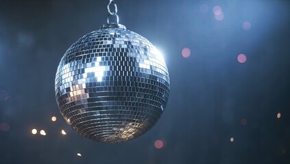 Obraz premium A shimmering disco ball hangs suspended, reflecting bright lights in a dark room