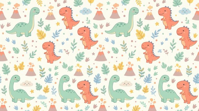 Adorable cartoon dinosaurs, volcanoes, leaves, and stars repeat in a soft, cheerful design