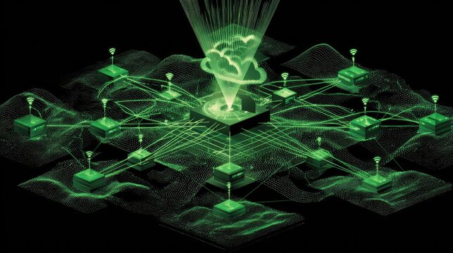 Digital network connecting devices to a glowing cloud hub