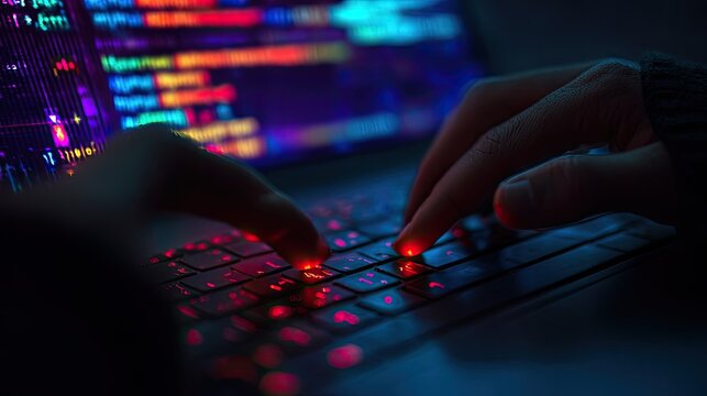 Hands typing on a laptop with colorful code on screen