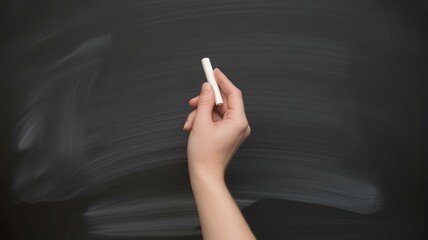 Naklejka premium Human hand holding a small piece of white chalk against a dark textured blackboard surface captured in a clear studio photograph with soft natural lighting