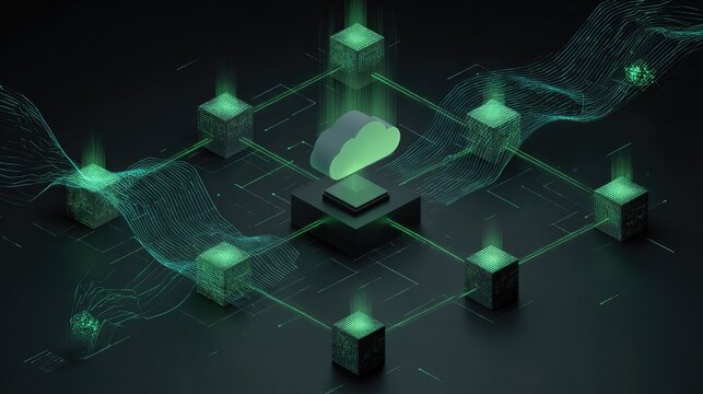 Digital network connecting cloud and distributed nodes with glowing green data streams