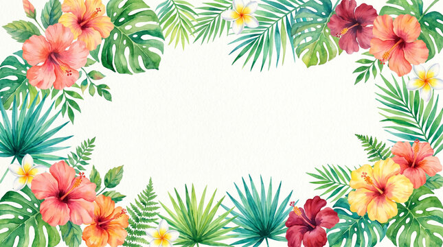 Watercolor Tropical Hibiscus and Palm Leaf Border for Luau Party Invitation Background