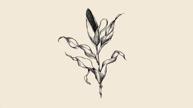 Minimalist line art illustration of corn plant with husk outline showing clean botanical form of maize with simple elegant contours and natural agricultural theme design in modern minimal style