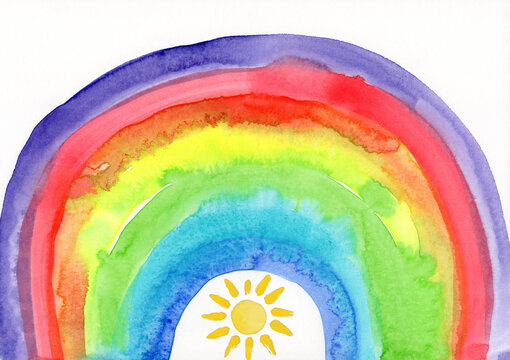 Vibrant watercolor rainbow and sun painted on white background